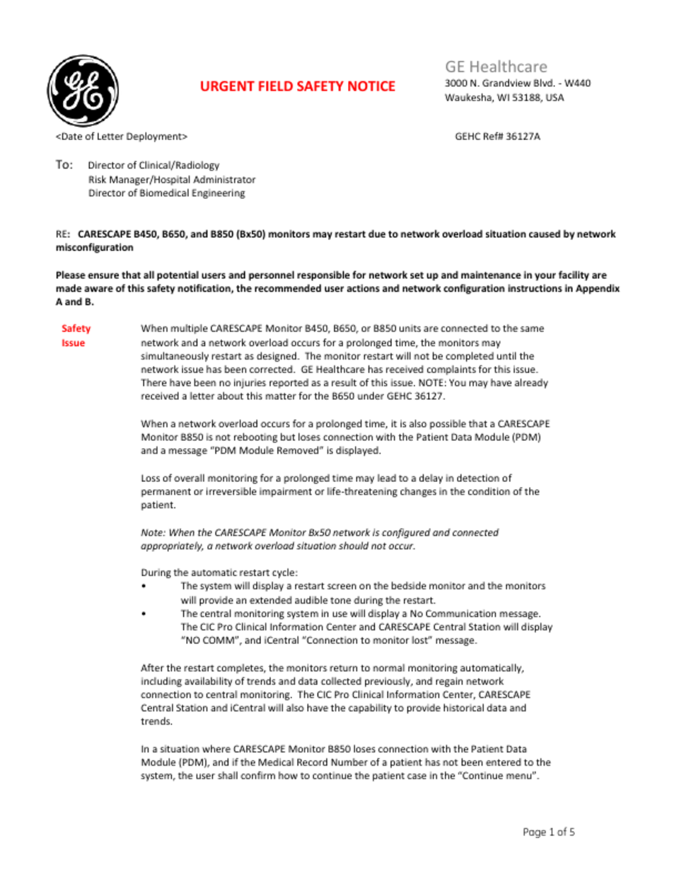 RECALL CARESCAPE B450 B650 And B850 Urgent Field Safety Notice Oct recall-carescape-b450-b650-and-b850-urgent-field-safety-notice-oct